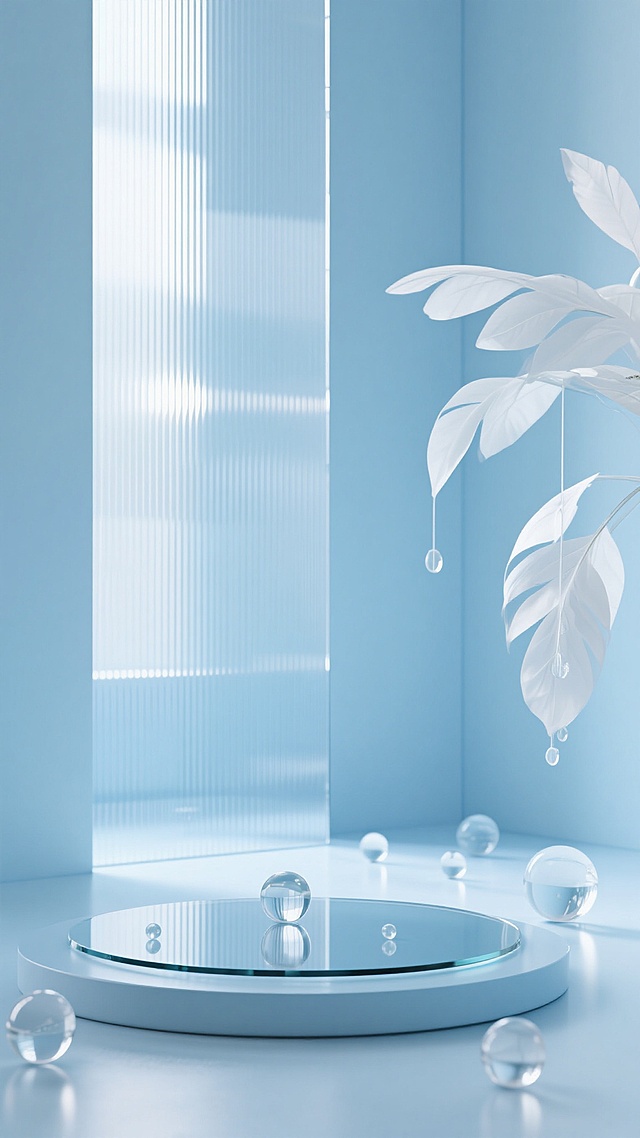 特写视角，纯净淡蓝色极简空间内，竖条纹玻璃屏风透入柔和自然光形成优雅光影，中央光滑圆形玻璃展示台旁散落透明玻璃球，右侧白色植物叶片轻盈垂挂，材质磨砂与镜面反射细腻，光线折射漫反射微妙，空间层次分明留白恰，蓝色场景干净且具现实逻辑的背景素材式提示词