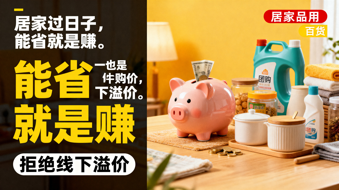居家省钱团购宣传图，左侧是大小颜色区分文案“居家过日子，能省就是赚。一件也是团购价，拒绝线下溢价。”大字突出“能省就是赚”，右侧是居家日用百货组合展示，暖黄色温馨背景，存钱罐元素，左右排版风格，不同文预览效果