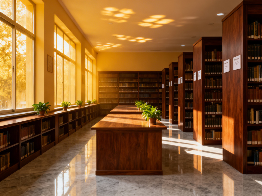 一张静谧的图书馆内部照片，宽敞整洁的空间，排列整齐的书架，柔和温暖的自然光从窗户洒入，干净的木质书桌，空荡安静的氛围，色调温暖柔和，写实摄影风格，细节清晰预览效果