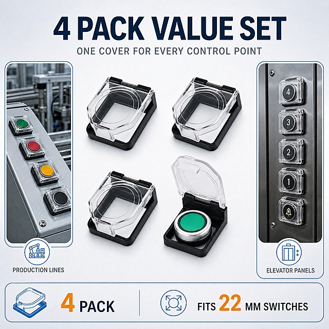 [主图-6] 4 Pack Flip-Top Button Protective Cover, Transparent Waterproof Anti-Mistouch Safety Guard for 22mm Emergency Stop Elevator Cabinet Control Panel Switches。唯一任务：套装数量与多场地适用，讲清一套四件、覆盖多种控制点位。
[统一基调] 统一基调：Amazon 跨境工业类目统一视觉——冷感浅灰渐变底 #EEF2F6 至 #FFFFFF 由边缘向中心渐亮，产品底部投入式柔和接触阴影；主标题为深海军蓝 #14304A 粗体几何无衬线体（Inter Bold 观感），辅助说明为缩小 50% 的中灰 #6B7683 同族无衬线体；强调色亮蓝 #1E7FBF 用于细线与图标描边，数据高亮用橙色 #F08A24；组件样式为 1px 浅灰描边的细线圆角参数卡、线性图标、局部放大窗配英文小标签；整体为干净规整的工业 infographic 质感，不用厚重色块底板、大面积通栏与装饰边框。
[画面] 中部为四件保护罩的 2×2 平铺主视觉，其中一件处于半翻开状态露出内部结构，其余三件闭合；左侧一个竖向细线圆角场景窗，内容为自动化产线控制台上安装好保护罩的一排按钮开关；右侧一个竖向细线圆角场景窗，内容为电梯控制面板上安装完成态的保护罩；两窗中的保护罩处于安装完成状态、与面板贴合无悬浮；底部一条细线信息条横贯画面；产品占画面约 55%，四个内容单元服务同一个购买问题，不堆砌无关道具。
[光影质感] 主视觉用影棚柔光，透明罩体通透、黑底座磨砂；两个场景窗用现场冷调自然光，金属面板与按钮指示有真实反光，开窗边缘干净不脏。
[配色] 沿用统一基调：浅灰渐变底、深海军蓝标题、橙色数字高亮、亮蓝细线，场景色仅作环境色。
[文字版式] 顶部主标题 "4 PACK VALUE SET"，下方一行缩小 50% 中灰副标 "ONE COVER FOR EVERY CONTROL POINT"；左窗下方小号标签 "PRODUCTION LINES"，右窗下方小号标签 "ELEVATOR PANELS"；底部信息条英文横排无逗号："4 PACK / FITS 22 MM SWITCHES"；不出现 SKU 字样，不叠加其他卖点。
[输出要求] 1:1 方图，文字清晰、四件数量关系一眼可数、场景窗内容真实；负向：变形、错字、模糊、杂乱、水印、平台 Logo、中文文字、数量不符、多余手指、畸形手。
