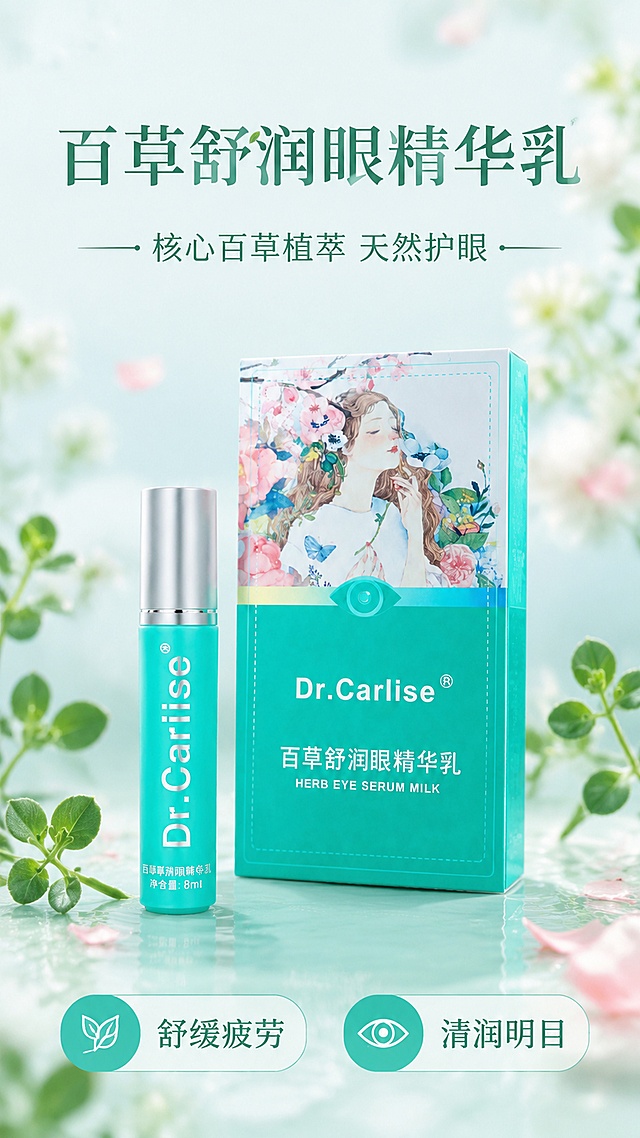 清透高级植萃风商品营销海报，Dr.Carlise百草舒润眼精华乳产品展示
[文字]
主标题：百草舒润眼精华乳
副标题：核心百草植萃 天然护眼
卖点：舒缓疲劳 清润明目
[产品]
Dr.Carlise百草舒润眼精华乳产品外包装和精华瓶放置在画面中下部，产品100%还原上传商品图的产品外形、包装、LOGO、印刷文字、净含量，以上传图为唯一商品主体来源，完整保留原图中的瓶型/盒型、轮廓、结构、比例、瓶盖、标签版式、品牌logo、容量信息、材质质感、颜色与正面朝向。商品主体占比约65%，文字不遮挡主体。
[背景]
浅青渐变背景，点缀新鲜马齿苋绿叶和樱花花瓣，前景虚化绿叶带景深
[光影]
顶部自然柔光，侧前方柔光补亮，高光突出瓶身薄荷绿色质感，整体通透不暗沉
[配色]
主色调浅薄荷绿搭配白色，清新自然，绿色文字与浅背景清晰对比
[版式]
顶部主标题副标题，产品居中展示，卖点放在底部左右两个标签，排版精美，安全边充足，层次分明
[画质]
商业摄影质感，超高清4K分辨率
[比例] 9:16
[负向提示词] 变形，文字错乱，产品图模糊，背景杂乱，水印，夸张功效医疗暗示