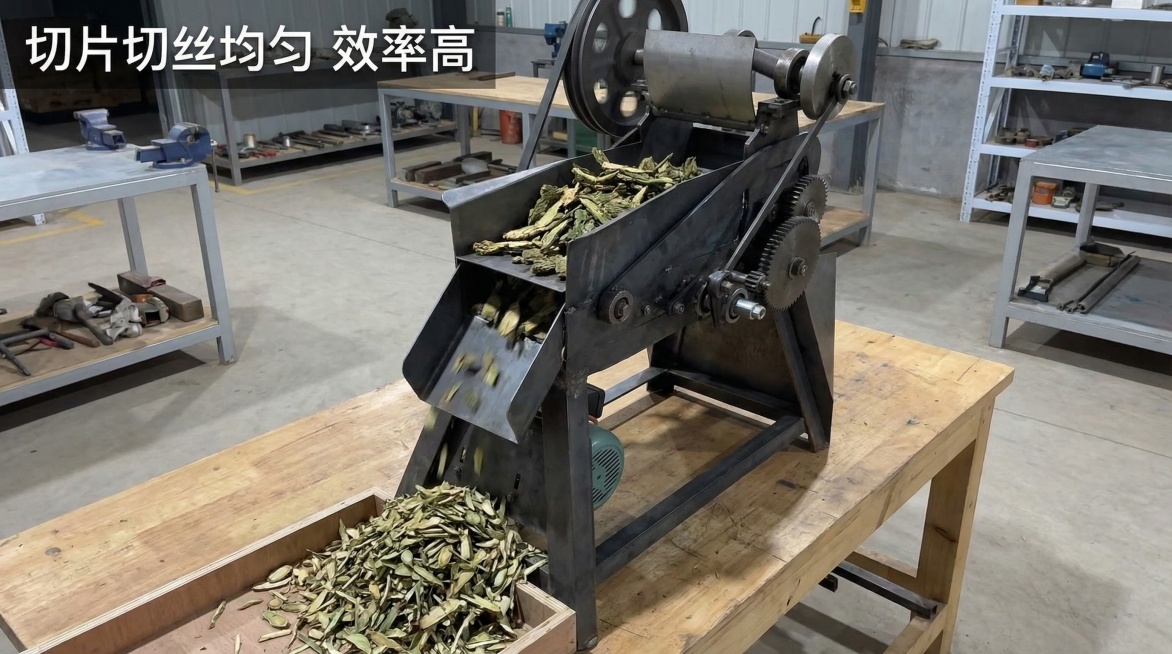 [主图 4 使用场景] [主图主题] 药材切丝机实际使用场景展示；[氛围/风格] 真实生产加工场景，实用可信；[画面元素] 药材切丝机放置在干净的加工工作台面上，进料口放入中药材，出料口已有切好的均匀预览效果