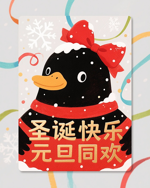 帮我以参考图形象为主要人物形象，设计出圣诞元旦氛围的海报，像精美卡片一样