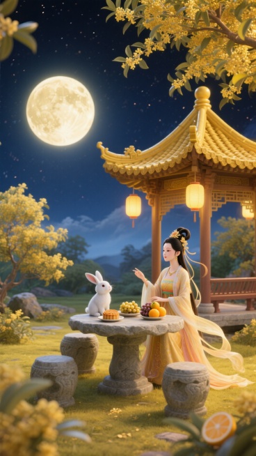 桂花林中有一座华丽中式凉亭，凉亭的瓦片是金色的，凉亭上挂着灯笼，凉亭里有石桌石椅，嫦娥坐在石椅上，嫦娥身姿轻盈曼妙，衣袂飘飘，玉兔也在石椅上，石桌上摆着一盒精致月饼和一些葡萄柚子，凉亭顶的后面是一轮巨预览效果