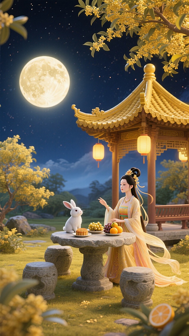 中式古典插画风，月夜桂下，嫦娥与玉兔共赏秋色，鎏金亭台映衬梦幻唯美的中秋意境，浪漫静谧，温馨优雅。