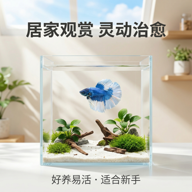 [主图 3] 斗鱼造景展示主图
[主图主题] 居家鱼缸造景展示
[氛围/风格] 清新治愈自然风，居家氛围感
[画面元素] 蓝白半月泰国斗鱼放置在小型超白鱼缸中，保留原斗鱼外观特征，鱼缸造景简约清新，背预览效果