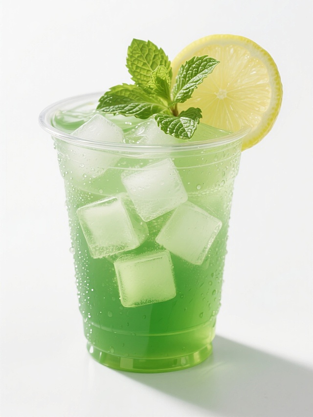 一杯装满绿色薄荷饮料的透明塑料杯，杯中漂浮着多块方形冰块，杯口边缘斜插着一片新鲜的柠檬片，几片翠绿的薄荷叶点缀其上，杯壁上布满晶莹的水珠，整体呈现出清新、冰凉、高饱和度的视觉效果，光线明亮柔和，突出饮料的清爽质感和通透感，背景为纯白色，构图简洁聚焦于饮品本身。