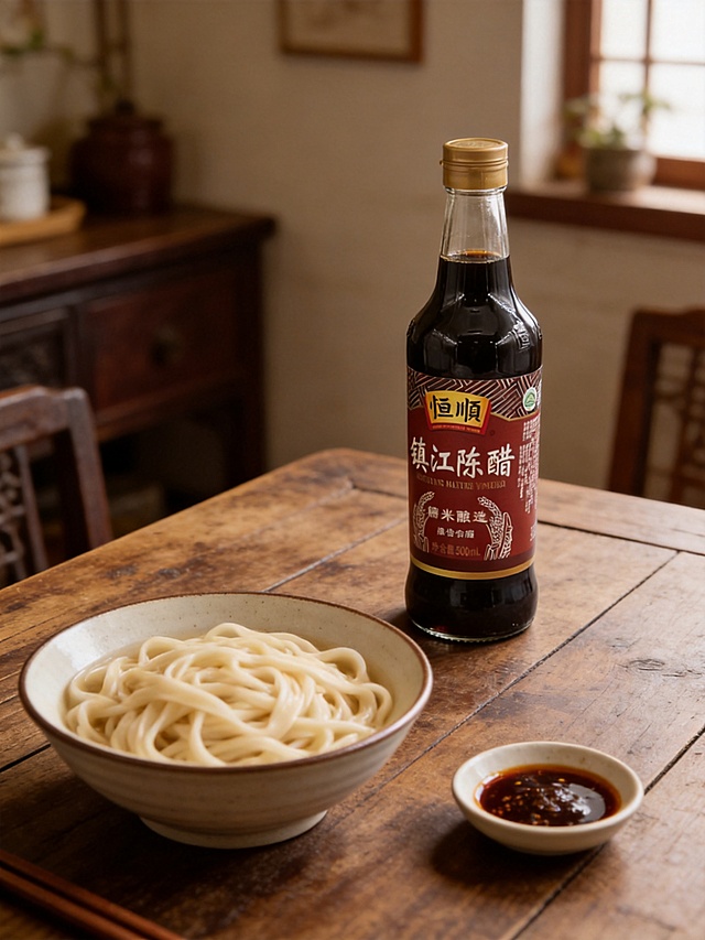 将这瓶恒顺镇江陈醋放在古朴的木质餐桌上，搭配一碗手工面条和一小碟蘸料，营造家常就餐的温馨场景，氛围烟火气十足