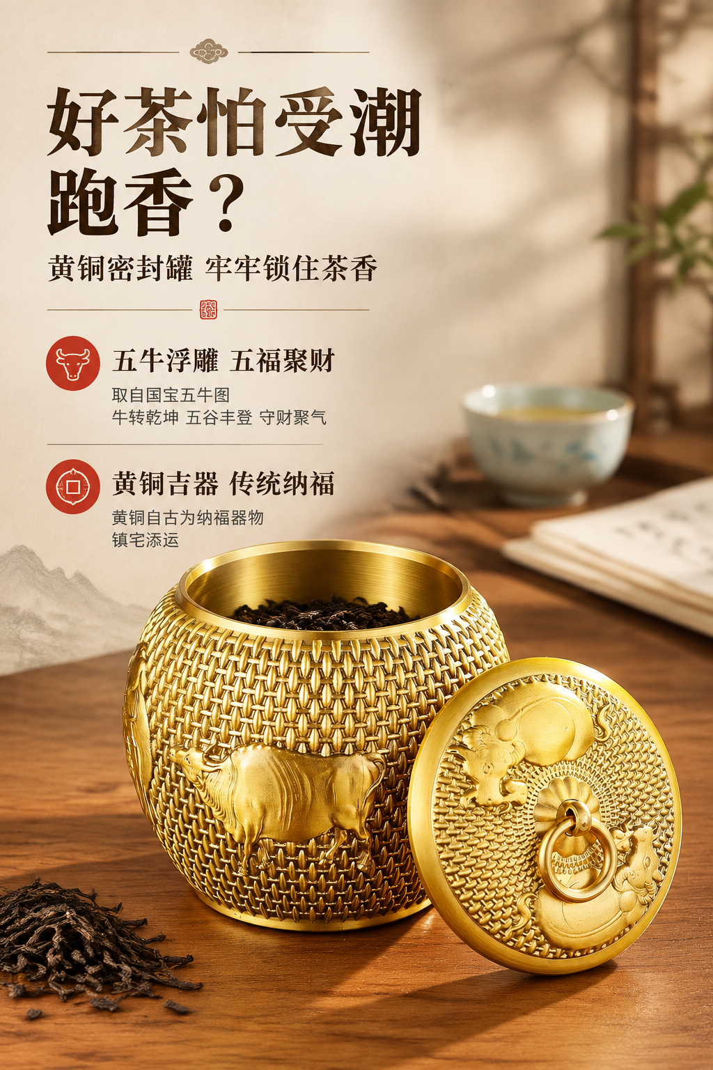 [商品] 使用【图4】五牛黄铜茶叶罐（开盖状态）；保留罐身竹编… - 图片创意预览