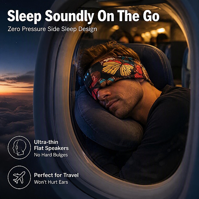 亚马逊跨境电商主图，蝴蝶印花蓝牙睡眠发带耳机，飞机旅途睡眠场景，窗外视角看向机舱内。

视角：从飞机舷窗外侧向机舱内拍摄的独特视角，窗框在画面四周形成自然画框，透过窗户看到靠窗座位的场景。窗外是高空云层或黄昏天空，有轻微的玻璃反光和雾气感，增加真实感。

画面主体：一位欧美男性模特侧躺在靠窗座椅上，面部朝向窗外（即朝向镜头方向），双眼被蝴蝶印花发带覆盖，安静熟睡。发带同时覆盖眼睛和耳朵，兼具眼罩和睡眠耳机功能。保持产品外观（黑色底彩色蝴蝶印花、左侧黑色控制面板、三个蓝色圆形按键）与输入产品图完全一致，杜绝任何变形和色差，精细化处理。

人物姿态：男性侧身蜷缩在座椅上，头部靠在U型枕或座椅头枕上，面向窗户，侧脸轮廓清晰可见，表情安详放松，处于深度睡眠状态。穿着深色长袖上衣，姿态自然舒适。

场景元素：
- 飞机经济舱靠窗座位，深蓝色皮质座椅，小桌板收起
- 舷窗玻璃有轻微反光和细微划痕，窗外是高空云海（黄昏或夜景，暖橙色或深蓝色调）
- 机舱内暖黄色阅读灯微亮，光线柔和
- 旁边过道和另一侧座位略微虚化，增加空间纵深感
- 发带上的控制面板在耳前上方位置，清晰可见
- 整体氛围静谧、舒适、有旅途睡眠的沉浸感

光影：机舱内暖黄柔和灯光为主光源，从头顶和过道方向照射；窗外冷色调的天光/云光作为辅光，形成冷暖对比。人物面部光影柔和，发带面料有自然高光，蝴蝶印花色彩清晰。整体光线偏暗但主体明亮，营造夜间飞行睡眠的真实氛围。

配色：主色调机舱深蓝+暖黄灯光+窗外冷蓝/橙黄昏色调，产品黑色+蝴蝶印花的黄/红/蓝作为视觉焦点。

文字版式（全英文，无中文）：
- 画面上方（机舱顶部区域或窗外天空区域）主标题大号粗体无衬线："Sleep Soundly On The Go"
- 主标题下方副标题："Zero Pressure Side Sleep Design"
- 画面左下角或右下角2个圆形线框图标+短句：
  1. 侧睡人头图标 + "Ultra-thin Flat Speakers" "No Hard Bulges"
  2. 飞机图标 + "Perfect for Travel" "Won't Hurt Ears"
文字放在负空间，不遮挡人物和产品，字体现代无衬线，白色或浅黄色，清晰可读。

输出要求：1:1正方形比例，2048x2048像素，2K分辨率，超高清商业摄影质感，文字清晰锐利。

负向提示词：产品变形，印花错乱，文字模糊错字，多余的手，多余手指，畸形手，人物面部扭曲，五官不对称，背景杂乱，水印，电商平台Logo，中文文字，产品边缘硬切，悬浮感。