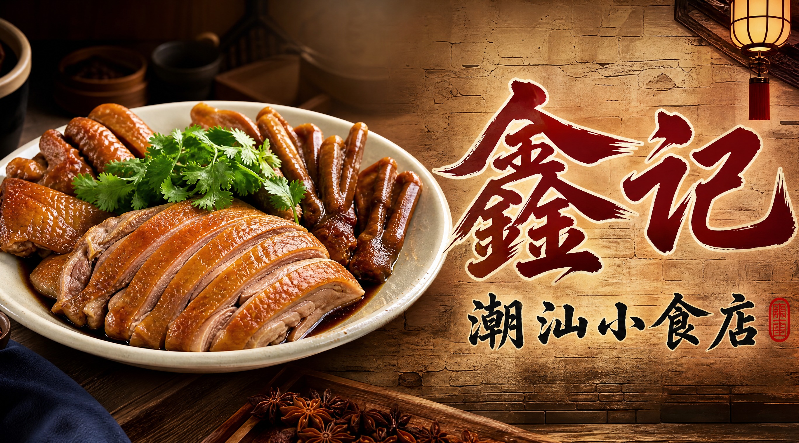 潮汕小食店店招设计，横版长方形，写真风格，偏向鹅肉系列。左侧是… - 图片创意预览
