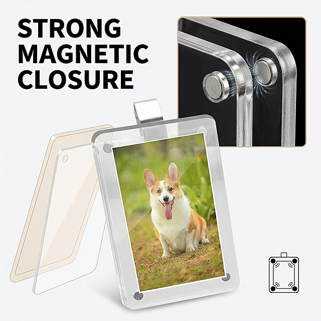 Product detail page: acrylic magnetic car sun visor frame, product same as original. Focus on showing the strong magnetic adsorption design of the four corners, close-up shot of the corner magnet, the frame is firmly fixed, transparent acrylic material with glossy texture. Large title "STRONG MAGNETIC CLOSURE" at left, large bold English font, black text, prominent contrast against light background. Slice style layout, product main area clear, text does not cut product. 800x800 pixels.