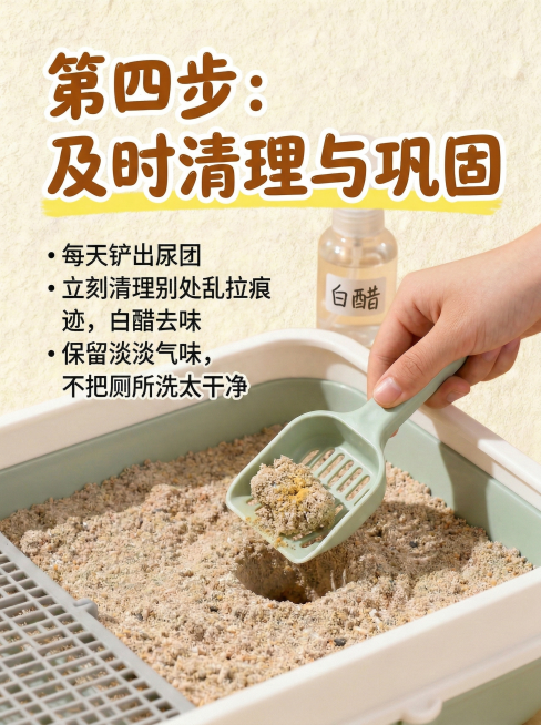 将标题替换为大号焦糖棕圆润手写体“第四步：及时清理与巩固”，带黄色高光底线；画面改为小铲子清理仓鼠厕所尿沙的特写，添加文字说明“每天铲出尿团”“立刻清理别处乱拉痕迹，白醋去味”“保留淡淡气味，不把厕所预览效果