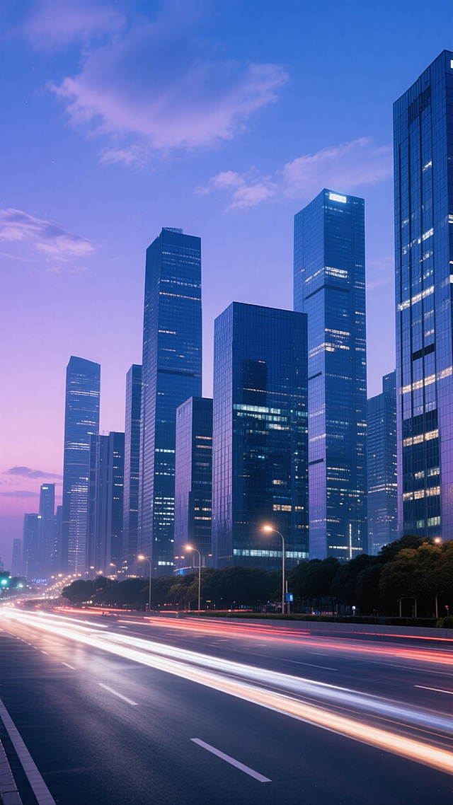 城市夜景，干净风格，适用于背景素材，蓝紫色渐变天空，点缀少量云彩，城市天际线由多栋高楼组成，高楼玻璃幕墙反射灯光，道路上有车灯形成的光轨，整体画面简洁，色彩和谐，光影柔和，视觉层级清晰，信息传达效率高，设计感强。