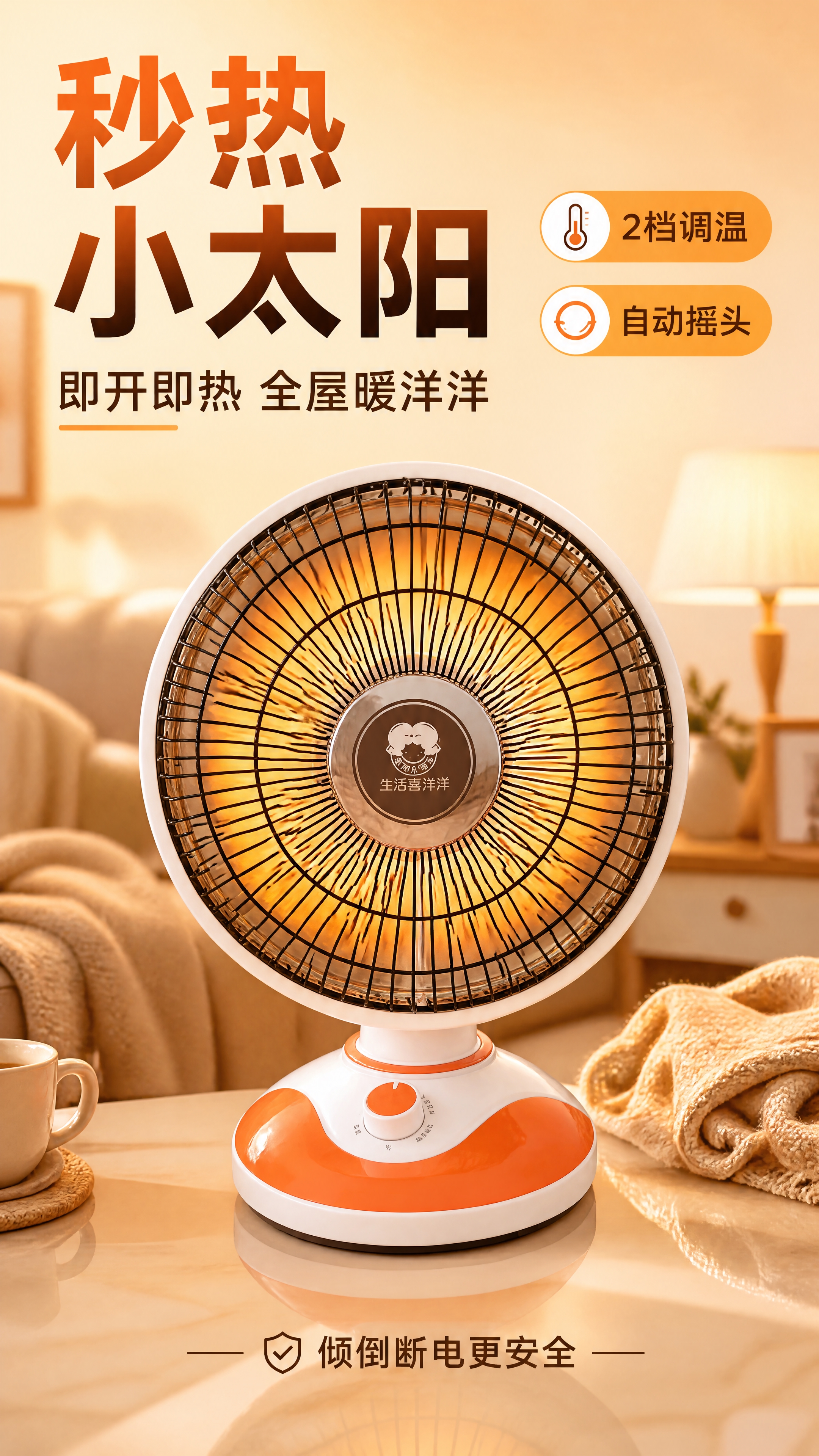 [商品] 使用【图2】小太阳取暖器整体正面图；保留橙白配色、圆… - 图片创意预览