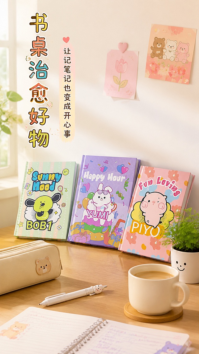 [第2屏] 场景种草，展示卡通笔记本放置于学生书桌的日常场景。本屏使用【图1】作为商品主体。
[氛围/风格] 温馨治愈学习氛围，干净整洁书桌场景，日系清新质感
[元素布局] 挑选其中三款笔记本斜靠在书桌墙面，桌面搭配笔袋、迷你绿植、咖啡杯作为装饰；笔记本占比约60%，桌面环境自然延伸；保持笔记本外观、IP形象、封面文字与原图完全一致
[光影质感] 靠窗自然柔光，整体明亮偏暖调，阴影柔和不突兀
[配色色系] 全局底色 #f5f1e8；主色原木桌面浅棕色，搭配马卡龙色系笔记本；辅助色绿色植物点缀
[视角构图] 平视45°斜角，近景场景景深适中，主体笔记本清晰
[文字版式] 左上角竖排主标题「书桌治愈好物」，右侧副标题「让记笔记也变成开心事」，圆润字体，文字留白充足不遮挡主体
[比例分辨率] 9:16 竖版比例，4K分辨率，高清画质
[负向提示词] 笔记本变形，封面文字模糊，颜色偏差，杂物过多遮挡主体，水印