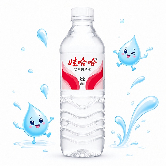 保留娃哈哈饮用纯净水596mL瓶装水主体和标签内容不变，添加简洁可爱的卡通小水滴或者水花装饰元素点缀背景，风格活泼卡通，整体设计简洁吸引消费者，维持1:1正方形构图，背景保持干净，不要遮挡商品主体，商业高清质感
