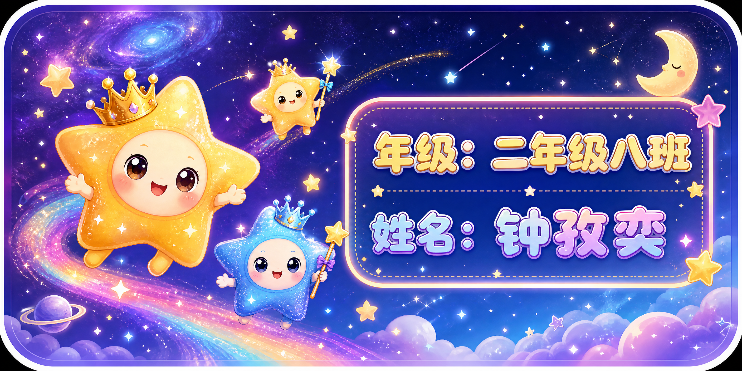 星星人主题姓名贴设计，画面比例2:1，可爱的星星人角色，五角星… - 图片创意预览