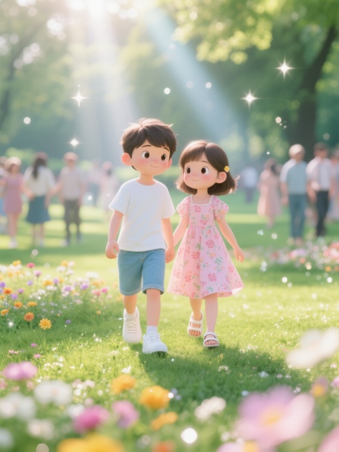 春日公园，阳光明媚，嫩绿草地，五彩花朵绽放，动漫可爱的Q版男孩和Q版女孩在人群中，男孩穿白色棉质短袖T恤、浅蓝色牛仔短裤、白色运动鞋，女孩穿粉色碎花连衣裙、白色凉鞋，面容青涩可爱，眼神明亮预览效果
