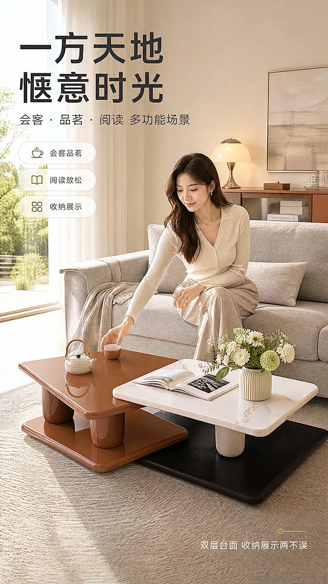 [商品] 使用【图1】双层错落组合茶几；商品处理：保留双层结构、大理石台面、棕褐色漆面、圆柱腿、黑色底框的全部外观特征；台面上自然摆放茶具和书籍，不改变产品本身结构和颜色。
[画面] 目标为场景体验页，展示客厅真实使用场景与生活方式；满铺场景版式，明亮的现代客厅中，茶几置于浅灰色布艺沙发前，台面上摆放着陶瓷茶具、一本打开的书和一小束花艺；一位年轻女性侧身坐在沙发上，手伸向茶几拿取茶杯，自然放松的居家状态；午后暖光从落地窗洒入，整体氛围温馨舒适；产品占画面约45%。
[视觉] 套系策略：风格=现代轻奢亮色调商业家居摄影；标题字=现代无衬线粗体；正文字=简洁无衬线体；主色=奶油米白；背景延展=基于奶油米白做深浅层级、同色渐变和细腻哑光墙面/织物质感；强调色=牛油果绿，仅用于小面积图标、引线和标签；标题色=深炭灰；正文色=中暖灰；组件=圆角浅底信息卡、细线引线、胶囊形卖点框；光影=左前侧暖柔自然光，明亮通透。
[文字] 左上角压暗角处主标题"一方天地 惬意时光"，副标题"会客 · 品茗 · 阅读 多功能场景"，右下角小字标注"双层台面 收纳展示两不误"，文字横向排版，不遮挡人物和茶几主体。
[规格] 图片比例9:16竖版，4K，避免变形、错字、文字过小、冷蓝/蓝灰背景、产品颜色改变、结构失真、极限词。