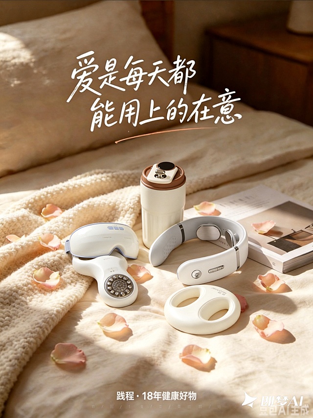 将图2护眼仪、图3颈椎按摩仪、图4咖啡杯、图5环形按摩器这四个产品不改变外观，自然融入到图1的卧室床场景中，保持原有阳光玫瑰花瓣氛围，整体比例3:4，保留原有文字"爱是每天都能用上的在意"和"践程·18年健康好物"