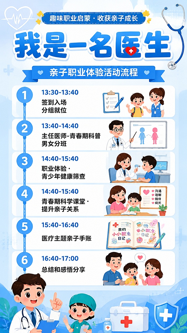 活泼亲子风格活动流程图海报，整体设计清晰专业，适合儿童职业体验活动。主标题为"我是一名医生"，副标题为"亲子职业体验活动流程"，顶部标注装饰文字"趣味职业启蒙 · 收获亲子成长"。主体清晰列出完整流程：1. 13:30-13:40 签到入场 分组就位；2. 13:40-14:40 主任医师-青春期科普 男女分班；3. 14:40-15:40 职业体验 · 青少年健康筛查；4. 14:40-15:40 青春期科学课堂 · 提升亲子关系；5. 15:40-16:40 医疗主题亲子手账；6. 16:40-17:00 总结和感悟分享。排版分区清晰，采用柔和医疗蓝白色调，加入简约医疗元素装饰，版式精美，文字全部清晰可读。