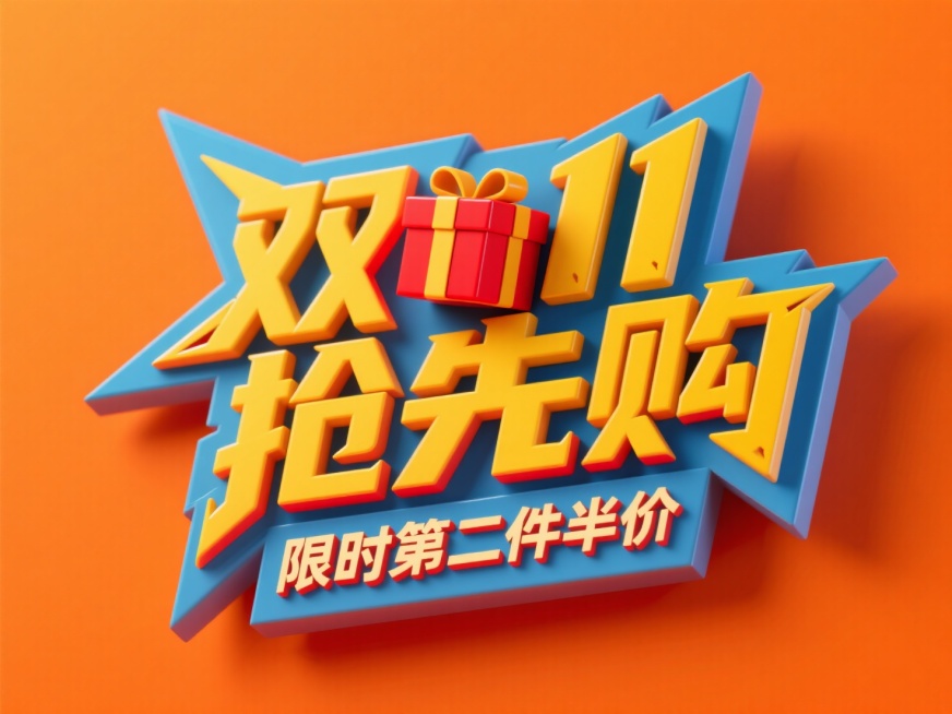 3D尖锐的字体设计，黄色“双11抢先购”+红色“限时第二件半价”，红色礼盒嵌入在文字里，双层字效结构。橘色背景预览效果