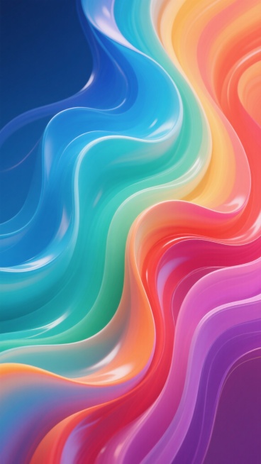 一幅充满流动感的彩色背景插画，画面中是如丝绸般柔软飘逸的彩色流体形态，整体呈现出流畅自然的波浪状曲线，色彩从左上角的深邃靛蓝、亮蓝、湖蓝，过渡到中央的青绿色，再到右下角的温暖橙红、粉紫，色彩过渡柔和自然，宛如彩虹融化后流淌的效果，光影表现细腻，高光与阴影交织形成丰富的层次感，整体风格梦幻、抽象且富有动感，充满现代艺术气息。预览效果