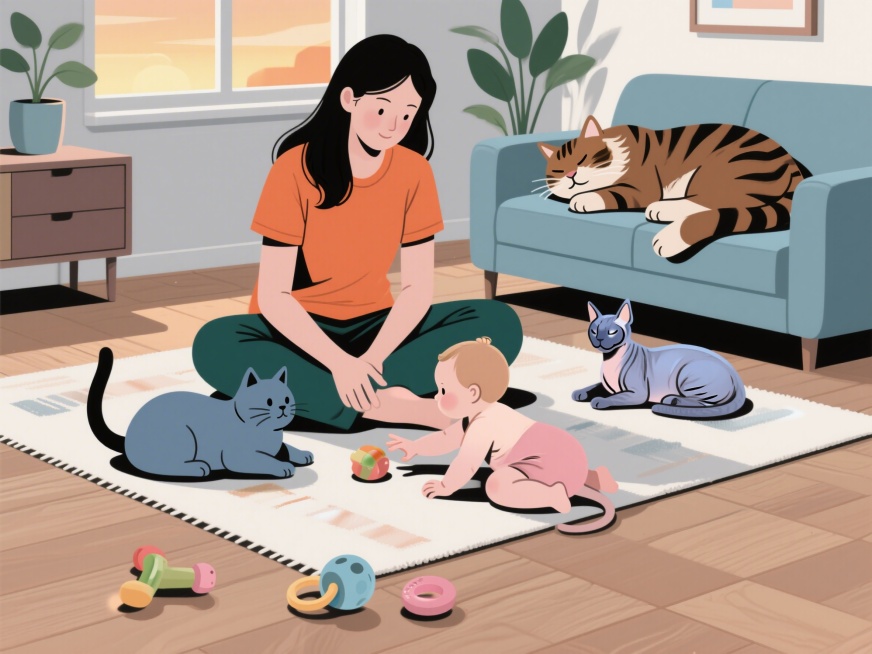 现代极简扁平插画风，矢量图，干净利落的细黑描边，无渐变无阴影，纯色填充。画面主体：一位温柔的职场妈妈，长发，身穿暖橙色T恤+深绿色休闲裤，盘腿坐在客厅地毯上，正在陪1岁宝宝玩。宝宝（圆润轮廓，小宝宝造预览效果