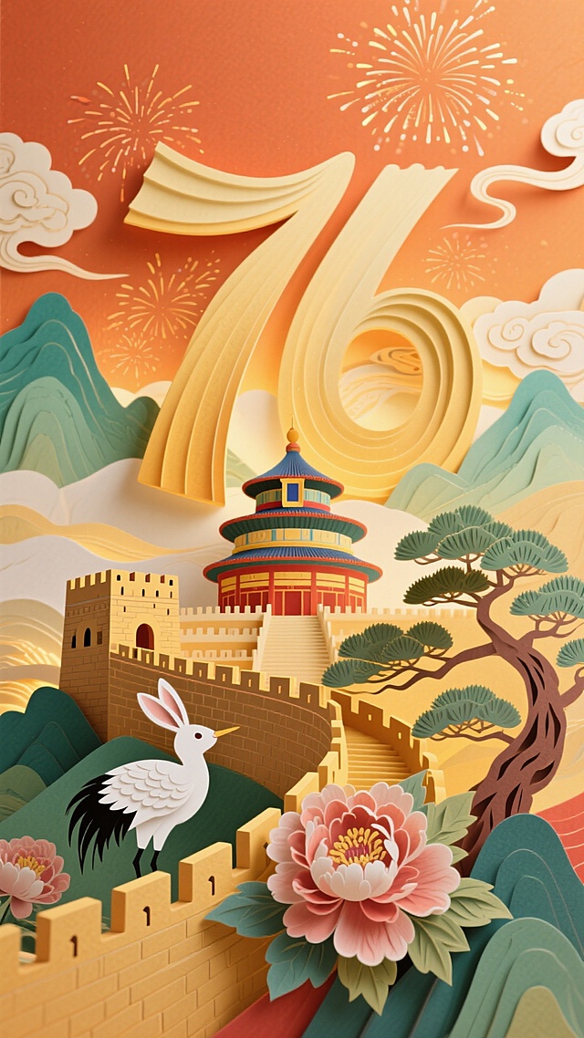 撕纸风国潮设计，融合剪纸与浮雕质感，展现长城、天坛与祥瑞元素，喜庆烟花映衬“76”数字，中式美学尽显节日氛围。