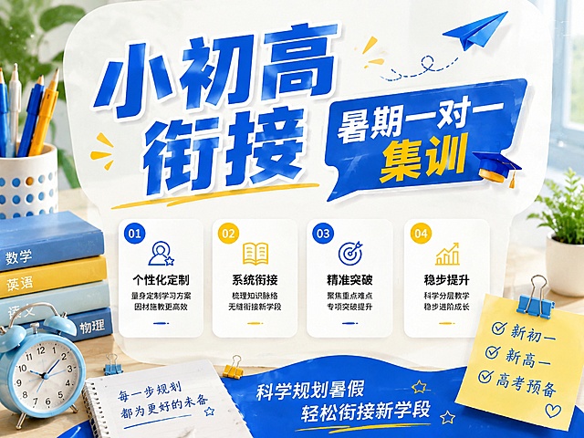 实景清新风格教育培训海报，延续蓝黄专业配色，比例 4:3。保留参考图2版式骨架：错位大主标题分色写"小初高衔接"，蓝色写"小初高衔接"，右侧蓝色标签写"暑期一对一集训"黄色字，下方四个带序号的信息卡片，依次写"个性化定制"、"系统衔接"、"精准突破"、"稳步提升"，右下角便签标注"新初一、新高一、高考预备"，底部写"科学规划暑假 轻松衔接新学段"，左下角摆放书本闹钟笔筒等学习文具，版式精美，实景质感，禁止出现提分、弯道超车等违规词汇，整体风格和上一批保持一致，构图和参考示例不完全相同