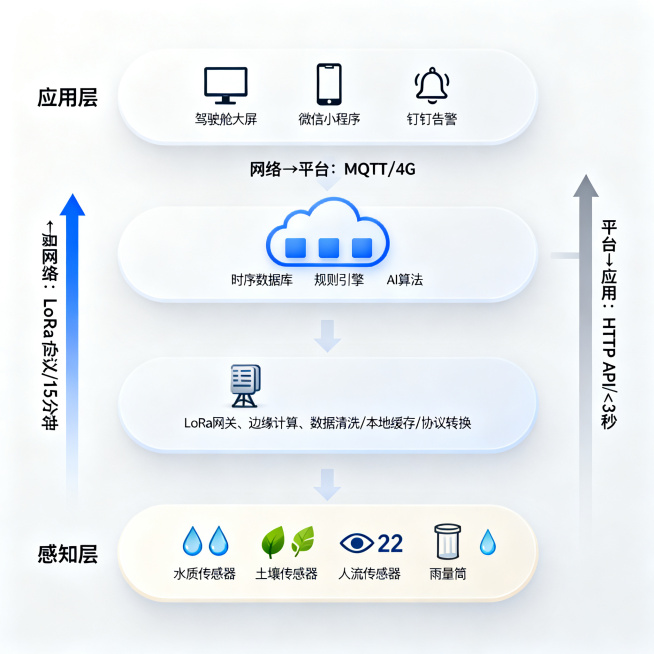 物联网四层架构图，纵向排列，白色背景，科技感蓝灰色调。四层结构从下往上：

最下层是感知层，包含四个图标：水滴（水质传感器×2）、树叶（土壤传感器×3）、眼睛（人流传感器×2）、雨滴（雨量筒×1）。预览效果