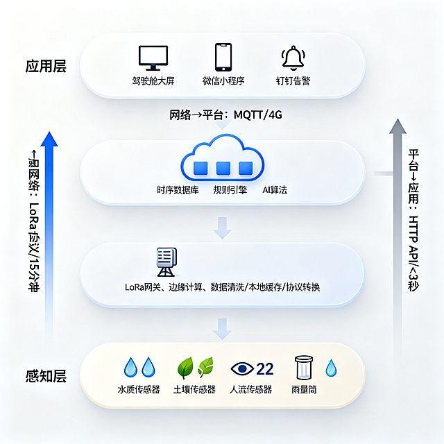 物联网四层架构图，纵向排列，白色背景，科技感蓝灰色调。四层结构从下往上：

最下层是感知层，包含四个图标：水滴（水质传感器×2）、树叶（土壤传感器×3）、眼睛（人流传感器×2）、雨滴（雨量筒×1）。

第二层是网络层，包含一个网关图标，标注文字：LoRa网关、边缘计算、数据清洗/本地缓存/协议转换。

第三层是平台层，包含一个云朵图标，云朵内部分三个小方块，分别写：时序数据库、规则引擎、AI算法。

最上层是应用层，包含三个图标：电脑屏幕（驾驶舱大屏）、手机（微信小程序）、铃铛（钉钉告警）。

层与层之间用向上的箭头连接，从左到右标注：感知→网络标注“LoRa协议/15分钟”，网络→平台标注“MQTT/4G”，平台→应用标注“HTTP API/<3秒”。每层底色用浅色区分，圆角矩形边框，所有字体为微软雅黑。