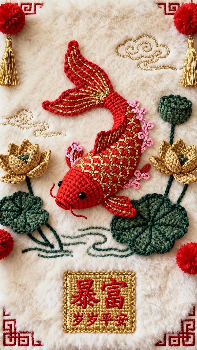 国潮刺绣风，红金锦鲤跃莲间，浮雕质感搭配毛绒底布，喜庆中式元素交织，寓意岁岁平安、暴富吉祥。