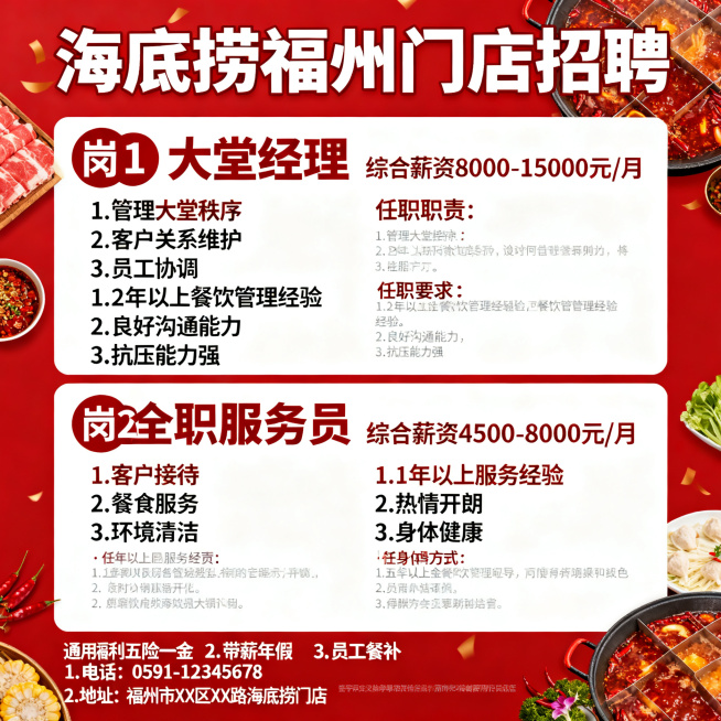 海底捞福州门店招聘宣传海报，主体包含清晰文字信息：顶部大标题"海底捞福州门店招聘"，岗位1："大堂经理 综合薪资8000-15000元/月"，列出岗位职责和任职要求要点；岗位2："全职服务员 综合薪资预览效果