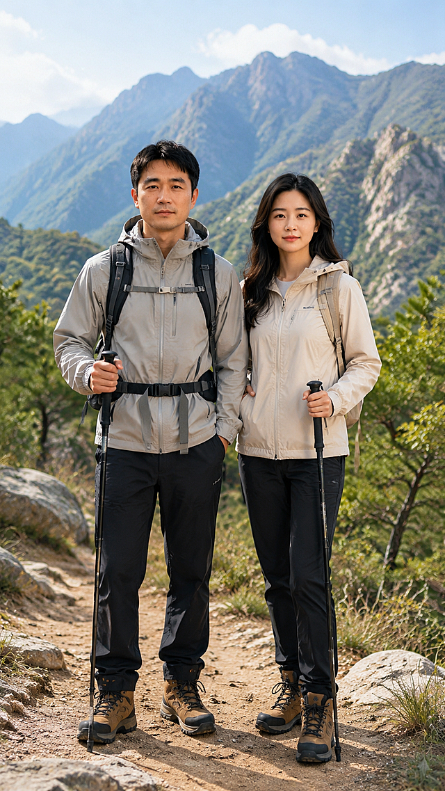 图中一男一女两个主角去爬山，保持二人的原有外貌不变，为他们更换适合爬山的休闲运动穿着，场景是户外山间，真实自然摄影