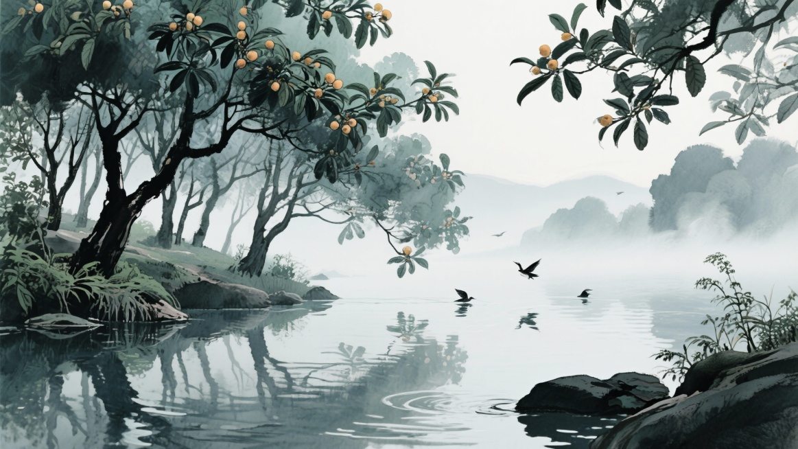 浣花溪畔美景，溪水潺潺，枇杷树成林预览效果