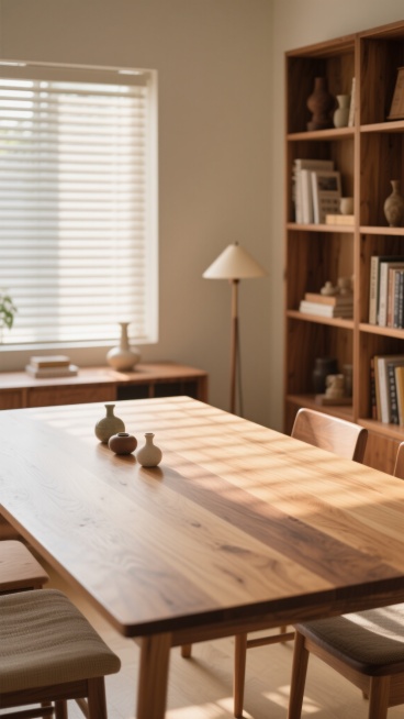 温馨明亮的室内场景，一张不同木纹配色的实木餐桌占据画面中心，桌面光洁平整，展现出自然的木材纹理和温润质感。窗外柔和的自然光透过百叶窗洒入，在桌面上形成斑驳的光影效果，营造出宁静舒适的氛围。餐桌周围摆放着不同的精致摆设，背景中是风格统一但细节不同的木质书架，书架上错落有致地摆放着书籍和装饰品，旁边立着一盏设计简约的台灯，整体构图采用近景聚焦桌面、背景略微虚化的方式，光影柔和，色彩和谐，充满生活气……预览效果