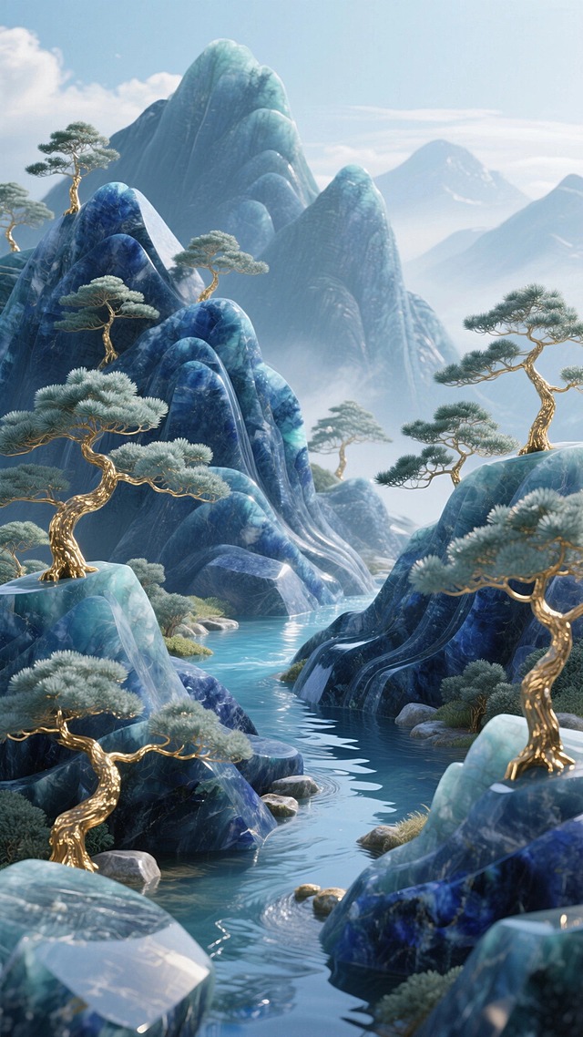 深蓝玉石的线条流畅的山体；中间溪流穿过；描金树干、玉石枝叶的松树点缀。精致和艺术感兼具的明亮氛围。