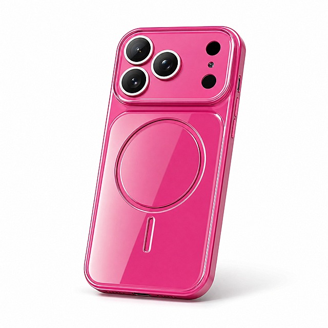 [主图-1] 亚马逊首图，纯白底商品展示，秒变iPhone 18 Pro多巴胺色系磁吸手机壳，正面45°视角展示亮面光泽质感。
[统一基调] 泰国市场泰文文案，多巴胺明亮色系视觉，亮面高级感，圆润无衬线泰文字体，标题字色为深紫蓝色，辅助字色为深灰色，强调色为荧光粉，圆角信息卡片，精致信息型电商视觉。
[画面] 纯白背景，产品居中偏上，占画面约85%，选择亮面玫红色手机壳作为主展示款，正面45°斜视角，清晰展示大视窗镜头模组设计、背部磁吸圆环、亮面高光质感和圆润边框，产品下方有柔和自然的接触阴影，无任何文字、道具、水印或边框。
[光影质感] 商业棚拍质感，主光从左上方45°照射，亮面壳表面有清晰高光反射带，边缘有柔和轮廓光，阴影柔和自然，体现亮面高级感和3D立体感。
[配色] 纯白背景，产品为玫红色亮面，整体干净通透。
[文字版式] 首图无任何文字，符合亚马逊白底首图规范。
[输出要求] 比例1:1，2048x2048像素，产品清晰锐利，边缘干净无白边，无变形、错字、模糊、杂乱、水印、平台Logo。