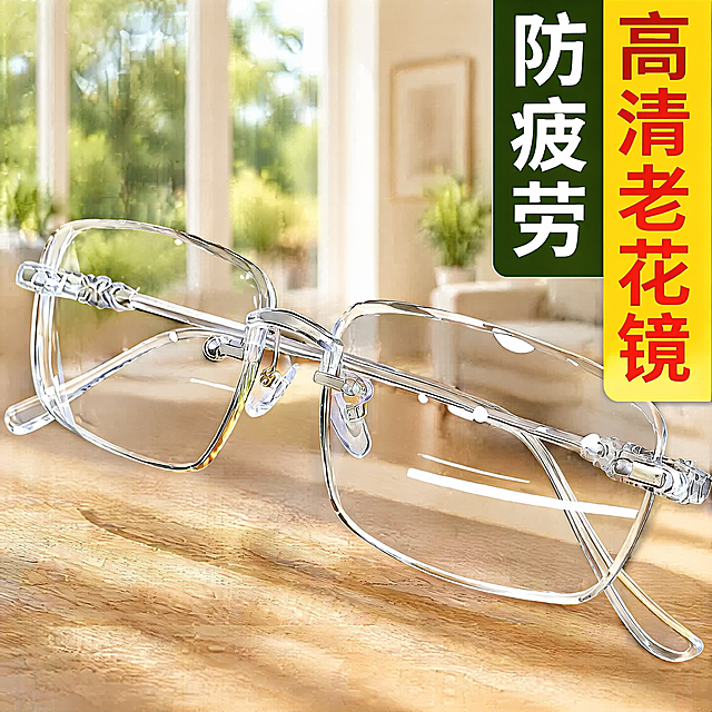 [单张主图] 水晶石头养目老花镜，爆款促销感主图，适配拼多多平台。参考比对：一比一复刻参考图的版式构图和文字排版，参考图为右侧竖排双色主文案，产品斜向交叉放置在浅景深明亮室内场景，文字清晰大字体对比强烈。保持产品外观（即物理结构、材质质感、颜色）与输入产品图（水晶透明框老花镜）绝对一致，杜绝任何变形和色差，精细化处理。[构图版式] 参考图使用左文右品不对，本图用参考图同款版式：产品斜向交叉放置在画面中下部，占比约60%，右上角竖排双色文字块，背景为明亮通透的浅室内场景。[场景元素] 背景为明亮的客厅窗边场景，浅景深模糊处理，保留空间自然氛围感不抢产品主体。[文案版式] 右上角竖排分双色块，深绿色块配白色大字"防疲劳"，黄色块配红色大字"高清老花镜"，文字大且清晰，不遮挡产品主体。保持水晶石头养目老花镜产品材质和外观和原图一致。[光影质感] 主光为柔和的自然侧窗光，整体明亮通透，水晶镜片清透有光泽，镜框轮廓清晰有金属质感，背景柔光虚化，景深适中。[配色字体] 主色调为浅米白室内背景，搭配深绿、黄色、红色高对比文字块，文字采用粗黑体，大字对比强烈，符合拼多多爆款风格。[比例分辨率] 1:1 比例，4K 分辨率，文字清晰可辨，超高清。[负向提示词] 变形，水印，错字，糊字，伪 Logo，主体遮挡，背景杂乱，低清晰度，错误结构，文字遮挡产品。