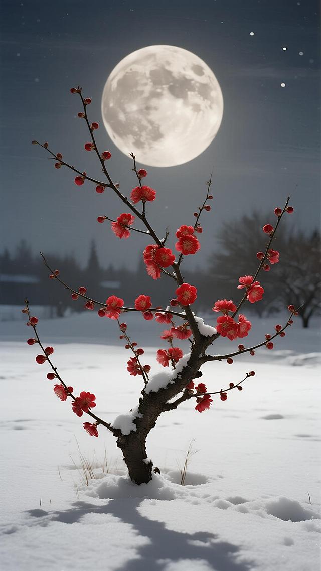 宁静的雪夜中，一棵孤立的梅树繁花盛开。枝头缀满鲜艳的红花，被一轮满月空灵柔和的光芒照亮。积雪反射着月光，创造出一种魔幻而宁静的场景。电影般的光影，奇幻艺术，梦幻感，高度细节，氛围浓厚。