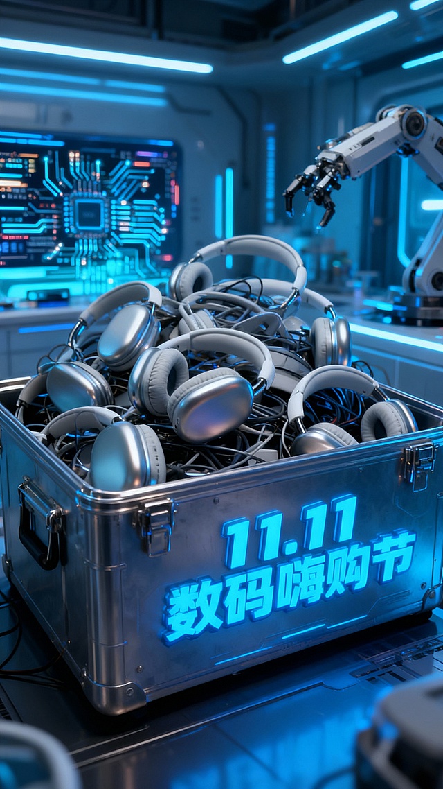 赛博朋克风3D场景，金属质感箱体堆满未来耳机，霓虹蓝光映衬科技感，机械臂悬停，虚拟现实氛围浓厚，呼应11.11数码嗨购节。