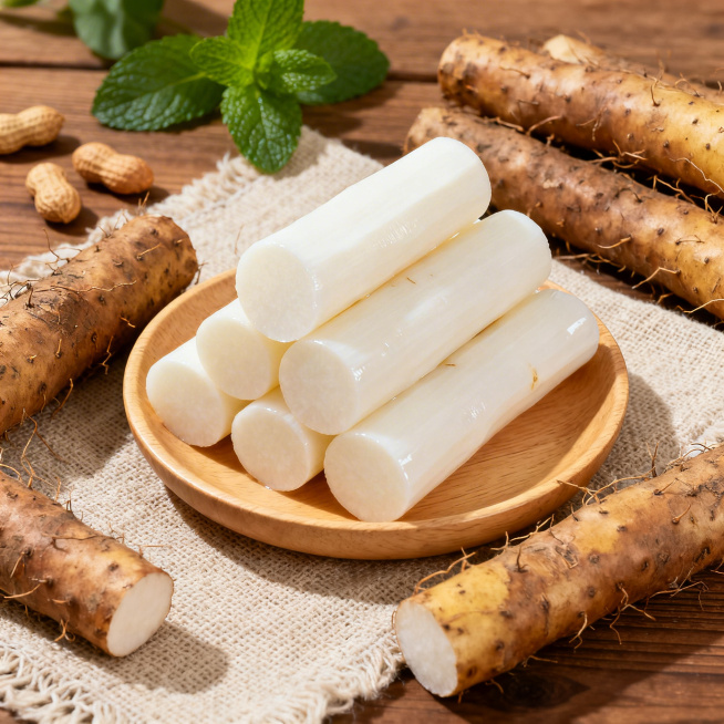 高清写实照片，新鲜山药：木质浅盘盛放数段去皮后洁白光滑的山药段，截面圆润、肉质细腻，周围散落着带土褐色表皮、密布细小须根的完整山药根茎，整体构图采用自然散落式布局，主色调为山药的乳白、浅棕与木质的暖黄预览效果