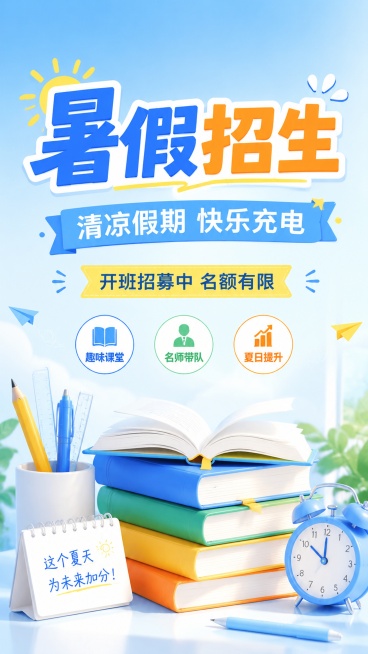 活力青春简约明快风格的暑假招生宣传海报，版式精美，主标题文字为"暑假招生"，副标题文字为"清凉假期 快乐充电"，装饰文案为"开班招募中 名额有限"，卖点标签文字为"趣味课堂" "名师带队" "夏日提升预览效果