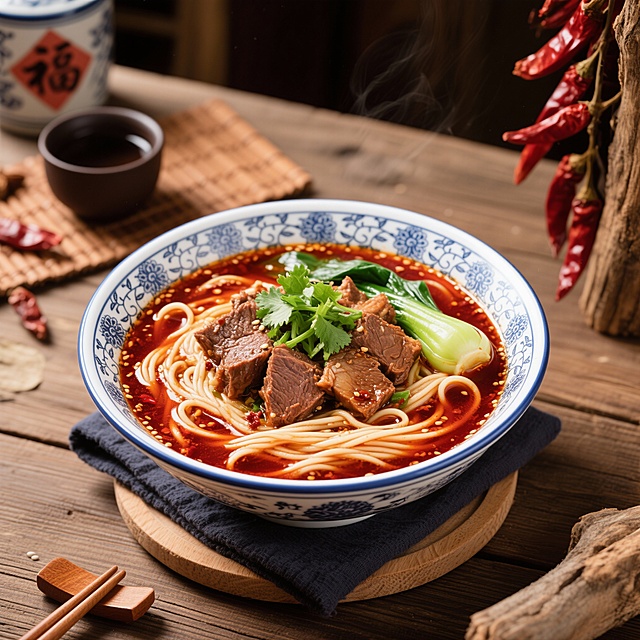 一碗热气腾腾的牛肉面特写，青花瓷花纹的宽口大碗中盛满红亮的牛肉汤，筋道的面条浸在汤中，顶部码放着大块酥烂的酱牛肉、翠绿的香菜、嫩绿的青菜，汤色浓郁油亮，表面漂浮着细密的红油和芝麻。碗下垫着深色布巾和圆形木垫，背景为质朴的木质桌面，左侧摆放着一个带有“福”字的深色小茶杯，旁边散落着棕色竹制餐垫，右侧有一串鲜红的干辣椒挂在古朴的木头上，整体呈现温暖诱人的中式美食氛围，光影柔和，突出食物的质感与色泽，写实摄影风格，细节清晰，色彩饱满，充满食欲。