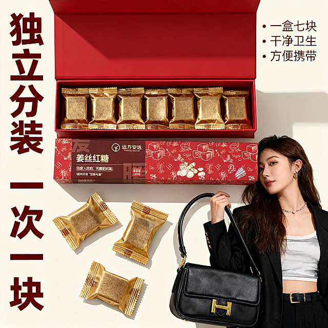 [主图-3] 独立分装卖点展示，突出方便卫生便携。
[氛围风格] 场景化生活化，日常实用感。
[画质] 商业摄影质感，光线柔和通透，产品清晰真实，画面干净高级。
[元素] 画面分上下两部分，上半部分展示打开的产品包装盒，里面整齐排列7块独立包装的姜丝红糖，每块包装保持和输入产品图一致颜色质感。下半部分展示三块独立分装红糖放在女生包包旁边，体现方便随身携带。画面保持产品包装外形颜色与输入图片一致，杜绝变形色差。
[光影] 自然侧光，清晰展示包装盒内独立排列结构，高光突出包装纸质感，阴影柔和。
[配色] 主色调红金搭配米白背景，干净通透。
[视角构图] 平视分层构图，上盒下包结构清晰，两部分自然过渡。
[文字版式] 左侧竖排大字文案“独立分装 一次一块”红棕色粗体，右侧小字分点说明：一盒七块 干净卫生 方便携带，浅棕色细字排版整齐，文字均放在留白区域不遮挡主体。
[比例分辨率] 1:1比例，4k分辨率，文字清晰可辨，超高清。
[负向提示词] 变形，文字错乱，产品图模糊，背景杂乱，水印，电商平台Logo，绝对化违禁词。