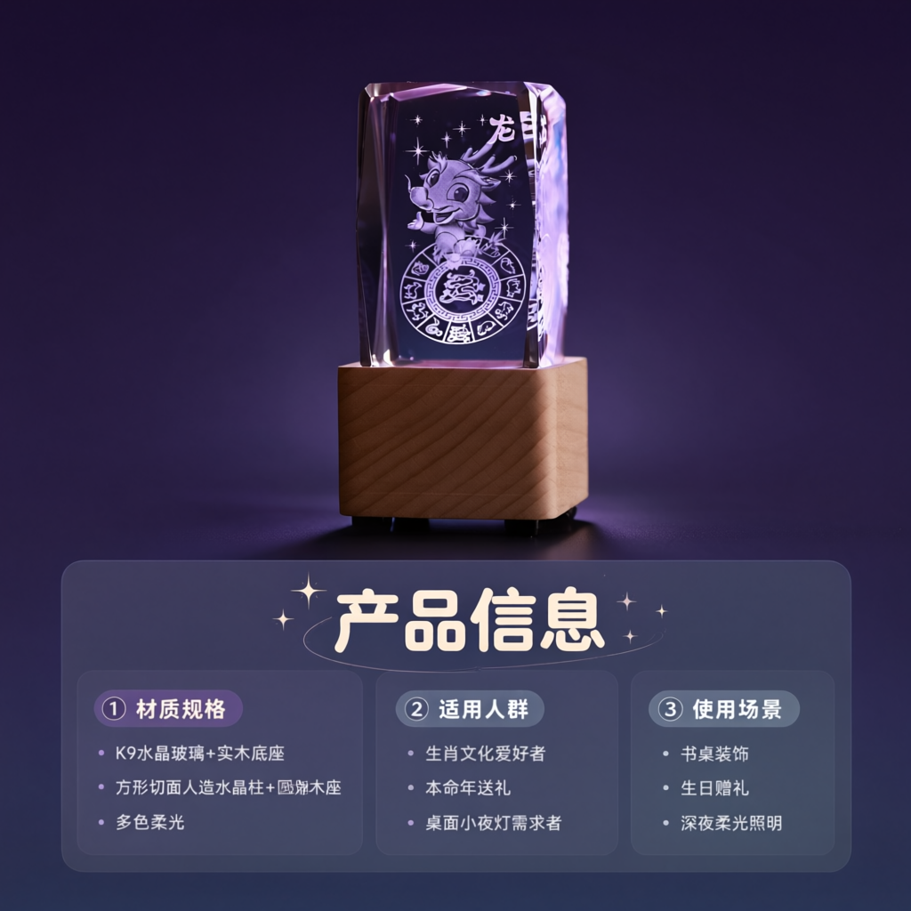 [商品] 使用【图1】十二生肖3D内雕发光人造水晶摆件（龙款）… - 图片创意预览