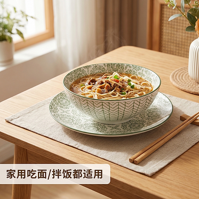 「图片1」，生成一套主图（8「图片1」张），6英寸日式面碗2个装 简约花纹耐高温陶瓷餐具波西米亚风格高颜值8英寸盘子     6英寸碗尺寸直径15cn高7cm   8英寸盘子直径20cm高2.5cm   2件套拼多多平台，主图比例为1:1