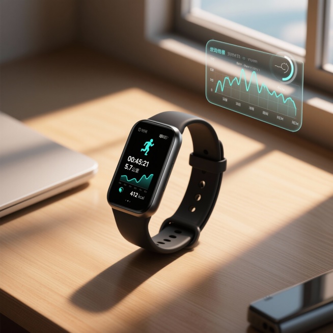 一张从正上方俯视的智能手环特写镜头，手环平放在一块温润的浅色木纹台面上。手环为曜石黑色，屏幕亮起，正展示着运动数据摘要：包括跑步图标、时长“00:45:21”、距离“5.7公里”、动态心率曲线图以及消预览效果